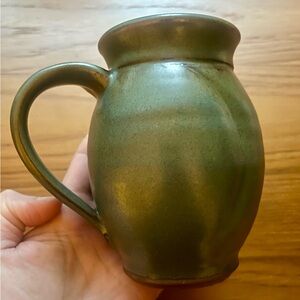 Artist Signed Studio Pottery Green Mug | Cottagecore Boho 4.5” Farmhouse Rustic